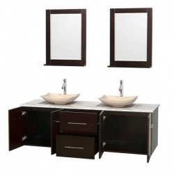 72 inch Double Bathroom Vanity in Espresso, White Carrera Marble Countertop, Arista Ivory Marble Sinks, and 24 inch Mirrors