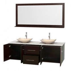 72 inch Double Bathroom Vanity in Espresso, White Carrera Marble Countertop, Arista Ivory Marble Sinks, and 70 inch Mirror
