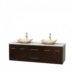 72 inch Double Bathroom Vanity in Espresso, White Carrera Marble Countertop, Arista Ivory Marble Sinks, and No Mirror