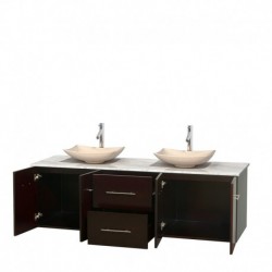 72 inch Double Bathroom Vanity in Espresso, White Carrera Marble Countertop, Arista Ivory Marble Sinks, and No Mirror