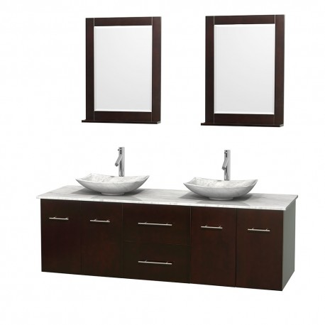 72 inch Double Bathroom Vanity in Espresso, White Carrera Marble Countertop, Arista White Carrera Marble Sinks, and 24 inch Mir