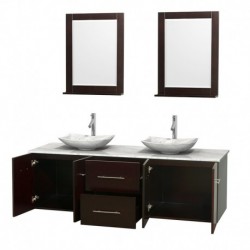 72 inch Double Bathroom Vanity in Espresso, White Carrera Marble Countertop, Arista White Carrera Marble Sinks, and 24 inch Mir