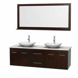 72 inch Double Bathroom Vanity in Espresso, White Carrera Marble Countertop, Arista White Carrera Marble Sinks, and 70 inch Mir