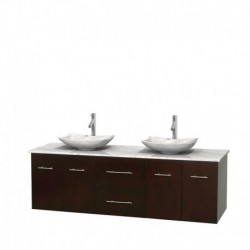 72 inch Double Bathroom Vanity in Espresso, White Carrera Marble Countertop, Arista White Carrera Marble Sinks, and No Mirror