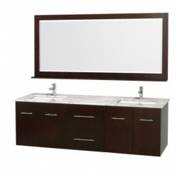 72 inch Double Bathroom Vanity in Espresso, White Carrera Marble Countertop, Square Porcelain Undermount Sinks, and 70 inch Mir