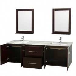 72 inch Double Bathroom Vanity in Espresso, White Carrera Marble Countertop, Undermount Square Sink, and 24 inch Mirrors