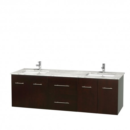 72 inch Double Bathroom Vanity in Espresso, White Carrera Marble Countertop, Undermount Square Sinks, and No Mirror
