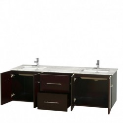 72 inch Double Bathroom Vanity in Espresso, White Carrera Marble Countertop, Undermount Square Sinks, and No Mirror