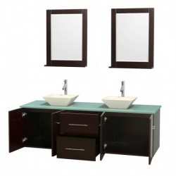 72 inch Double Bathroom Vanity in Espresso, Green Glass Countertop, Pyra Bone Porcelain Sinks, and 24 inch Mirrors