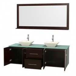 72 inch Double Bathroom Vanity in Espresso, Green Glass Countertop, Pyra Bone Porcelain Sinks, and 70 inch Mirror