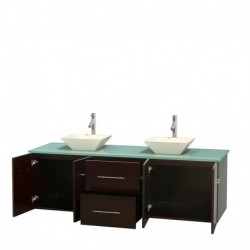 72 inch Double Bathroom Vanity in Espresso, Green Glass Countertop, Pyra Bone Porcelain Sinks, and No Mirror