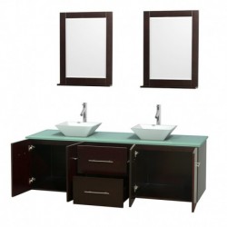 72 inch Double Bathroom Vanity in Espresso, Green Glass Countertop, Pyra White Porcelain Sinks, and 24 inch Mirrors