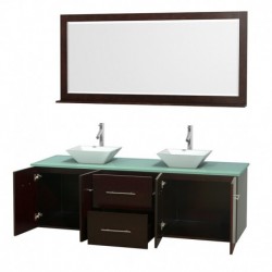 72 inch Double Bathroom Vanity in Espresso, Green Glass Countertop, Pyra White Porcelain Sinks, and 70 inch Mirror