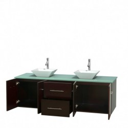 72 inch Double Bathroom Vanity in Espresso, Green Glass Countertop, Pyra White Porcelain Sinks, and No Mirror