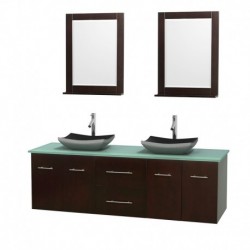 72 inch Double Bathroom Vanity in Espresso, Green Glass Countertop, Altair Black Granite Sinks, and 24 inch Mirrors