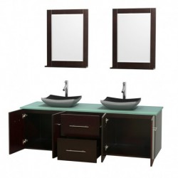 72 inch Double Bathroom Vanity in Espresso, Green Glass Countertop, Altair Black Granite Sinks, and 24 inch Mirrors