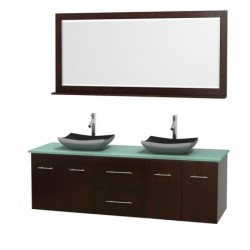 72 inch Double Bathroom Vanity in Espresso, Green Glass Countertop, Altair Black Granite Sinks, and 70 inch Mirror