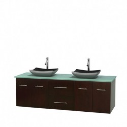 72 inch Double Bathroom Vanity in Espresso, Green Glass Countertop, Altair Black Granite Sinks, and No Mirror