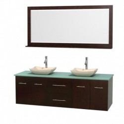 72 inch Double Bathroom Vanity in Espresso, Green Glass Countertop, Avalon Ivory Marble Sinks, and 70 inch Mirror