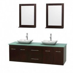 72 inch Double Bathroom Vanity in Espresso, Green Glass Countertop, Avalon White Carrera Marble Sinks, and 24 inch Mirrors