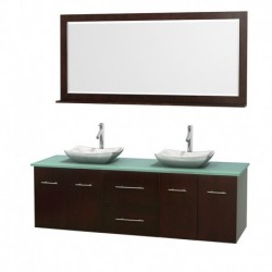 72 inch Double Bathroom Vanity in Espresso, Green Glass Countertop, Avalon White Carrera Marble Sinks, and 70 inch Mirror