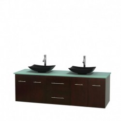 72 inch Double Bathroom Vanity in Espresso, Green Glass Countertop, Arista Black Granite Sinks, and No Mirror