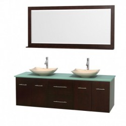 72 inch Double Bathroom Vanity in Espresso, Green Glass Countertop, Arista Ivory Marble Sinks, and 70 inch Mirror