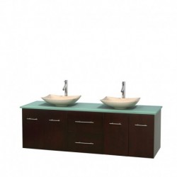 72 inch Double Bathroom Vanity in Espresso, Green Glass Countertop, Arista Ivory Marble Sinks, and No Mirror
