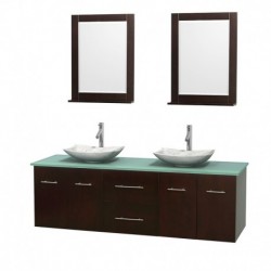 72 inch Double Bathroom Vanity in Espresso, Green Glass Countertop, Arista White Carrera Marble Sinks, and 24 inch Mirrors