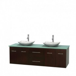 72 inch Double Bathroom Vanity in Espresso, Green Glass Countertop, Arista White Carrera Marble Sinks, and No Mirror