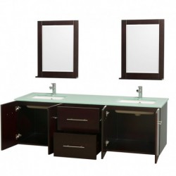 72 inch Double Bathroom Vanity in Espresso, Green Glass Countertop, Undermount Square Sink, and 24 inch Mirrors