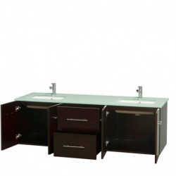 72 inch Double Bathroom Vanity in Espresso, Green Glass Countertop, Undermount Square Sinks, and No Mirror