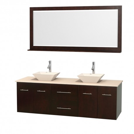 72 inch Double Bathroom Vanity in Espresso, Ivory Marble Countertop, Pyra Bone Porcelain Sinks, and 70 inch Mirror