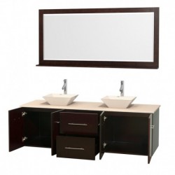 72 inch Double Bathroom Vanity in Espresso, Ivory Marble Countertop, Pyra Bone Porcelain Sinks, and 70 inch Mirror