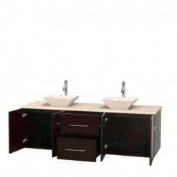 72 inch Double Bathroom Vanity in Espresso, Ivory Marble Countertop, Pyra Bone Porcelain Sinks, and No Mirror