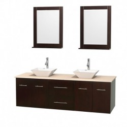 72 inch Double Bathroom Vanity in Espresso, Ivory Marble Countertop, Pyra White Porcelain Sinks, and 24 inch Mirrors
