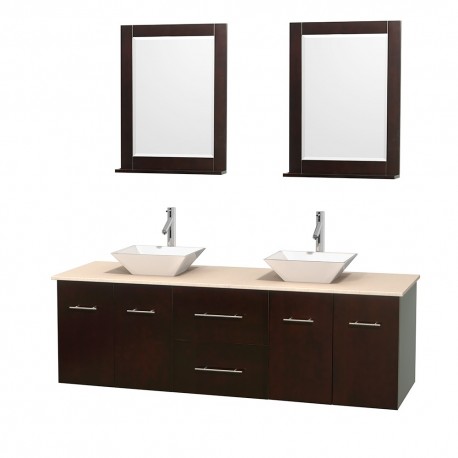 72 inch Double Bathroom Vanity in Espresso, Ivory Marble Countertop, Pyra White Porcelain Sinks, and 24 inch Mirrors