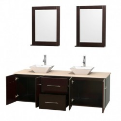 72 inch Double Bathroom Vanity in Espresso, Ivory Marble Countertop, Pyra White Porcelain Sinks, and 24 inch Mirrors