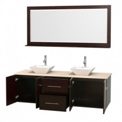 72 inch Double Bathroom Vanity in Espresso, Ivory Marble Countertop, Pyra White Porcelain Sinks, and 70 inch Mirror