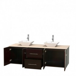 72 inch Double Bathroom Vanity in Espresso, Ivory Marble Countertop, Pyra White Porcelain Sinks, and No Mirror