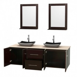 72 inch Double Bathroom Vanity in Espresso, Ivory Marble Countertop, Altair Black Granite Sinks, and 24 inch Mirrors