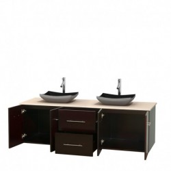 72 inch Double Bathroom Vanity in Espresso, Ivory Marble Countertop, Altair Black Granite Sinks, and No Mirror