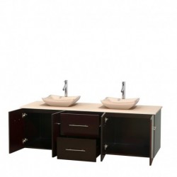 72 inch Double Bathroom Vanity in Espresso, Ivory Marble Countertop, Avalon Ivory Marble Sinks, and No Mirror
