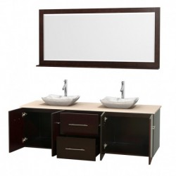 72 inch Double Bathroom Vanity in Espresso, Ivory Marble Countertop, Avalon White Carrera Marble Sinks, and 70 inch Mirror
