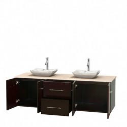 72 inch Double Bathroom Vanity in Espresso, Ivory Marble Countertop, Avalon White Carrera Marble Sinks, and No Mirror