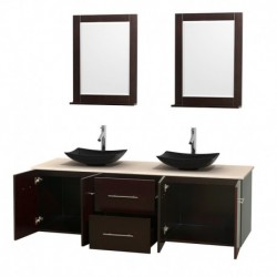 72 inch Double Bathroom Vanity in Espresso, Ivory Marble Countertop, Arista Black Granite Sinks, and 24 inch Mirrors