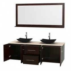 72 inch Double Bathroom Vanity in Espresso, Ivory Marble Countertop, Arista Black Granite Sinks, and 70 inch Mirror