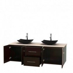 72 inch Double Bathroom Vanity in Espresso, Ivory Marble Countertop, Arista Black Granite Sinks, and No Mirror