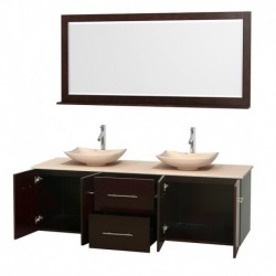 72 inch Double Bathroom Vanity in Espresso, Ivory Marble Countertop, Arista Ivory Marble Sinks, and 70 inch Mirror