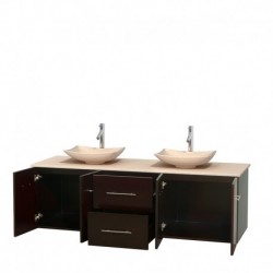 72 inch Double Bathroom Vanity in Espresso, Ivory Marble Countertop, Arista Ivory Marble Sinks, and No Mirror